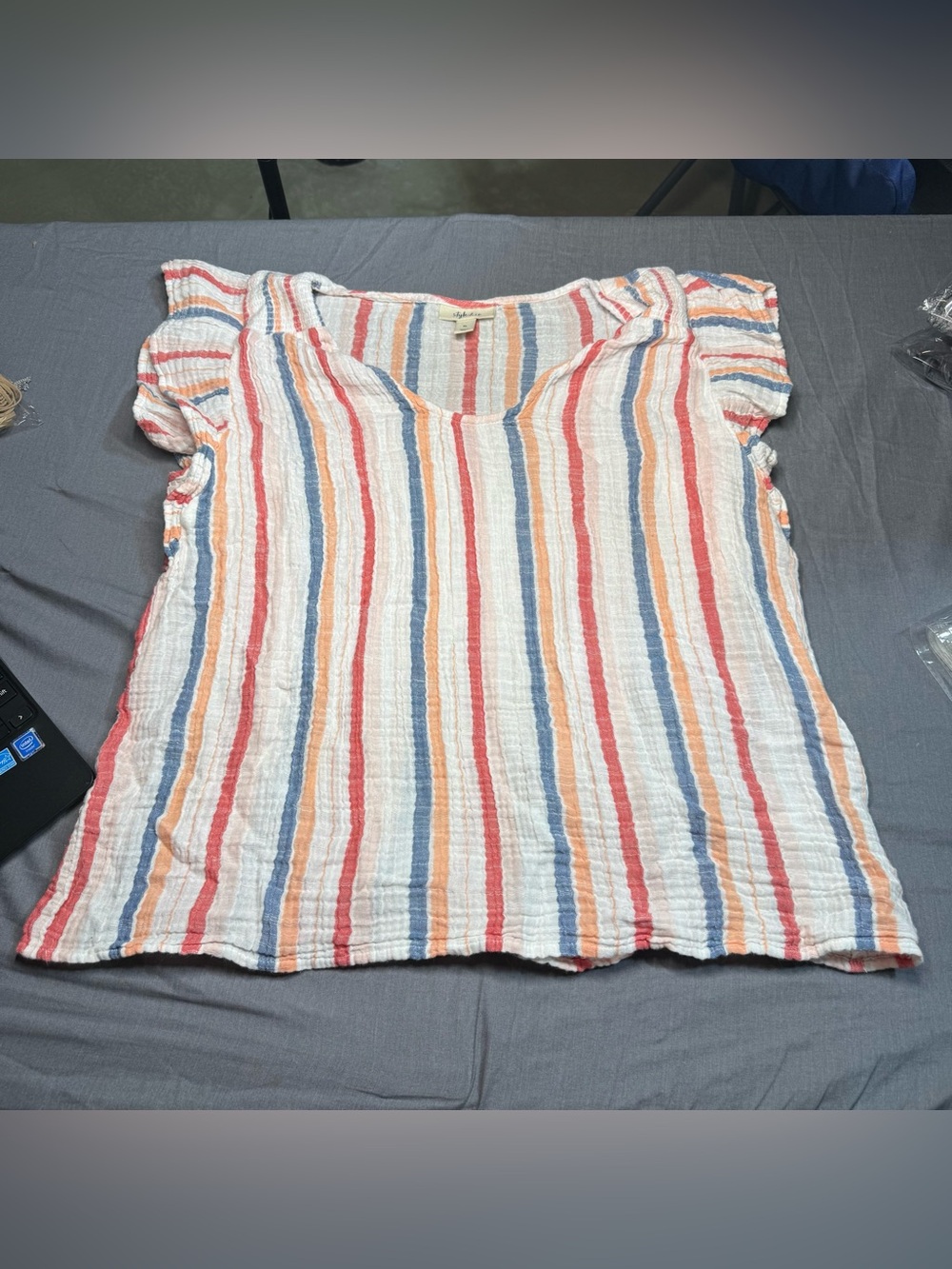 Style & Co. White Short Sleeve Top with Coral, Blue & Peach Stripes